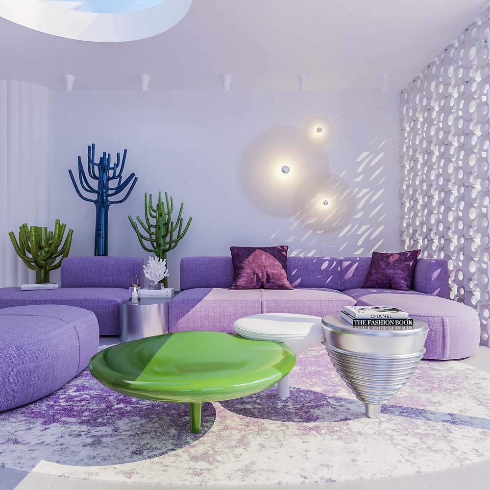 Villa in Ibiza living room ห้องนั่งเล่นสีม่วง Purple Rose