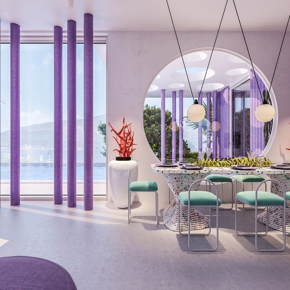 Villa in Ibiza living room ห้องกินข้าวสีม่วง Purple Rose