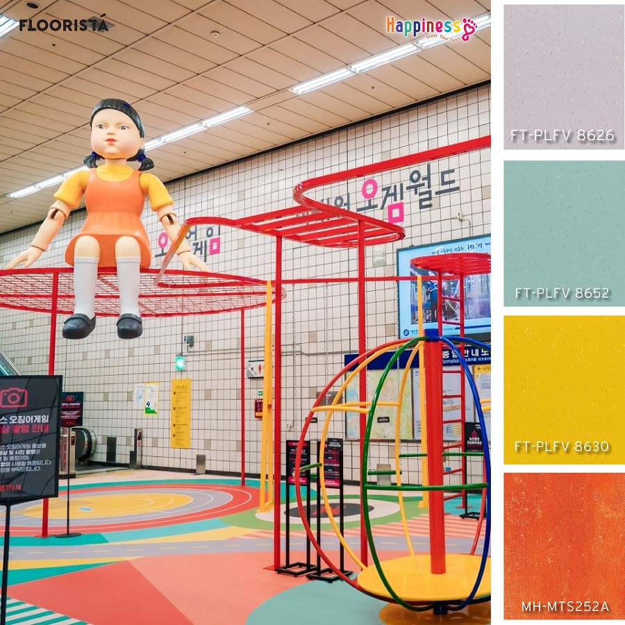สีพื้นสวยงาม กับ เครื่องเล่นหลากสีสัน สถานีอิแทวอน ประเทศเกาหลี squid game popup playground