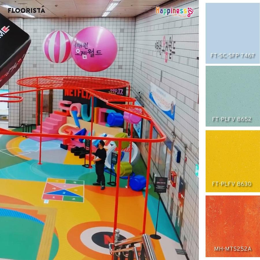 พื้นสีสวย สนามเด็กเล่น สถานีอิแทวอน ประเทศเกาหลี squid game popup playground