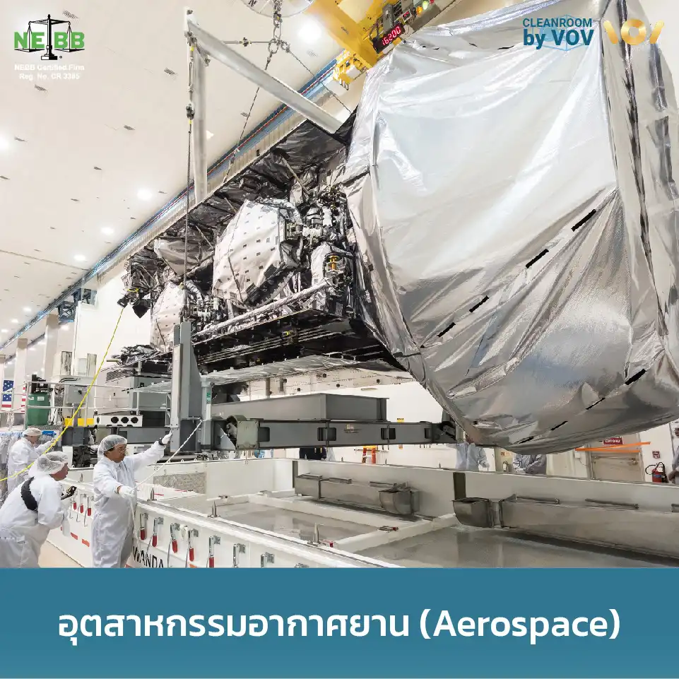 วิศวกรประกอบดาวเทียมในห้องคลีนรูม Aerospace ระดับ ISO Class 7 ป้องกันการปนเปื้อน