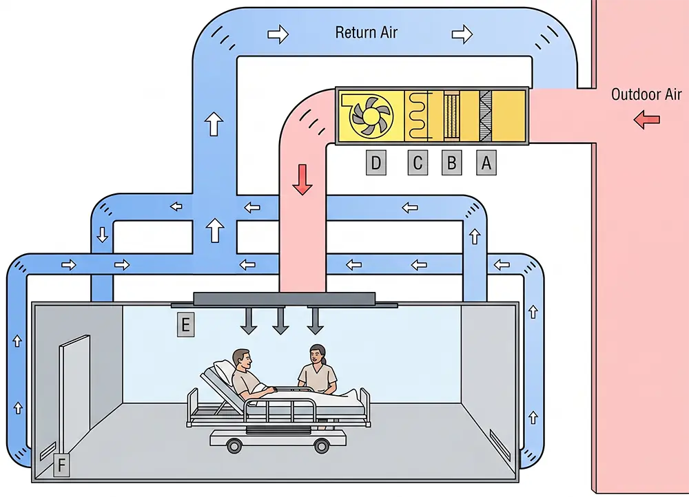 ระบบ HVAC ในห้องคลีนรูมความดันลบ แสดง Supply Air Return Air Exhaust Air Outside Air และ HEPA Filte
