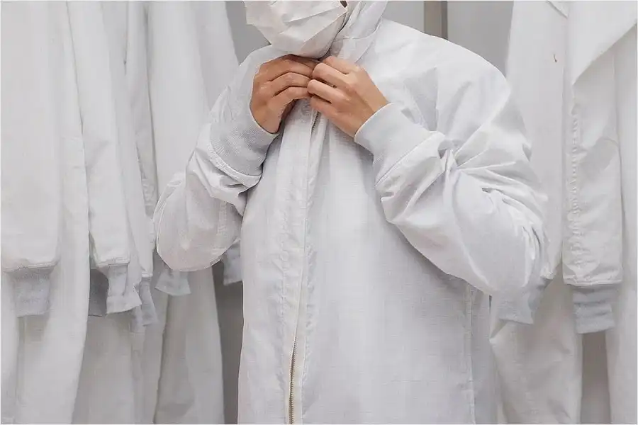 ชั้น PE Film ในชุด Smock คลีนรูม ป้องกันอนุภาคแห้งและสารเคมีในอุตสาหกรรม